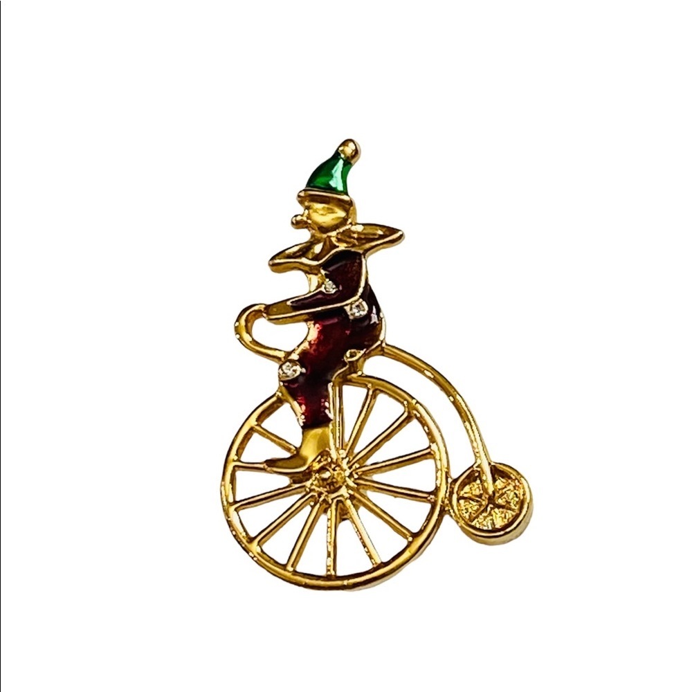 Covann Clown Bicycle Rider Rhinestone Enamel Brooch Pin